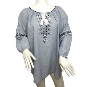 Westport Blouse 1X Blue White Peasant Boho Long Sleeve Embroidery Geometric